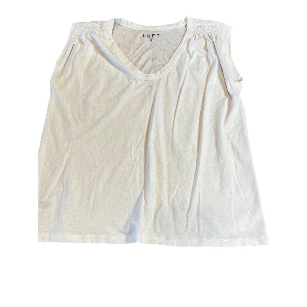 Loft Womens White V-Neck Sleeveless Top Smocked Shoulder Detail Size M
